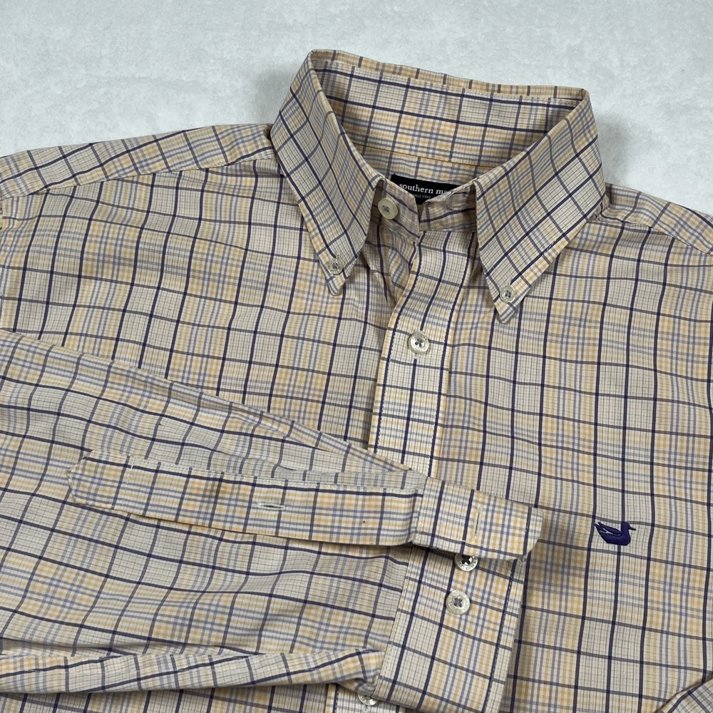 Southern Marsh Mens M Plaid Button Down Shirt Yellow Purple Wrinkle Free LSU
